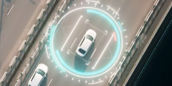 Aerial View of Autonomous Self Driving Car Moving Through Highway