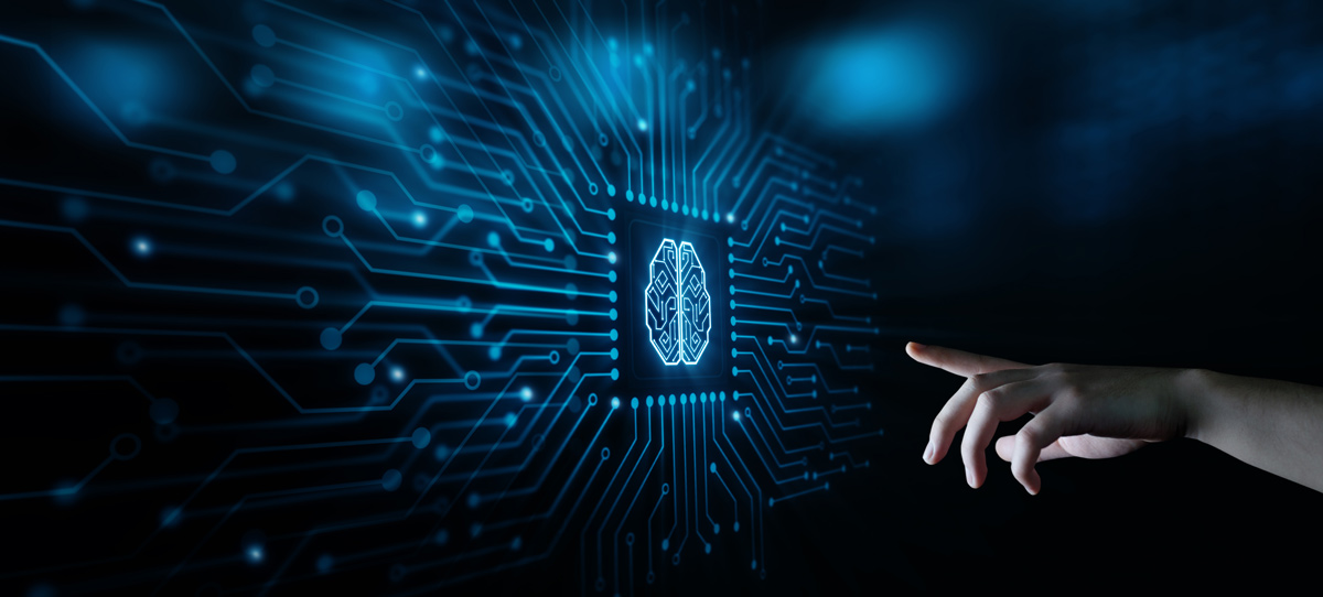 Hand pointing at glowing brain hologram on dark circuit background. Artificial intelligence and machine learning concept