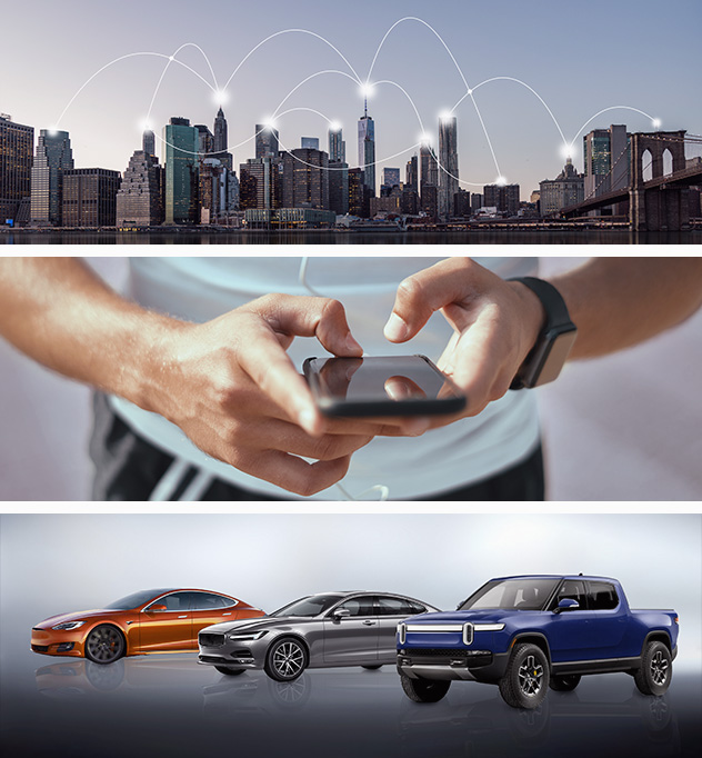 Collage: city skyline symbolic communications connection; smartwatch on a man's wrist while using a smart phone; sports and electric cars