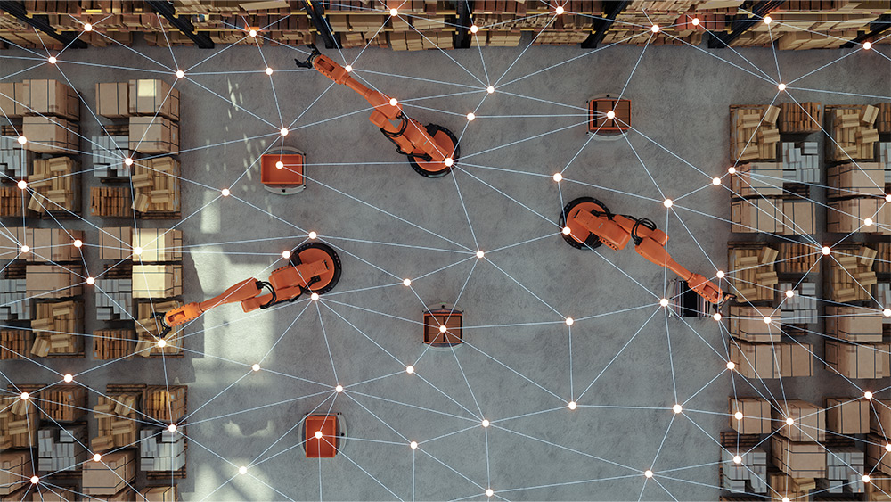 High Angle View Of Smart Warehouse With Robotic Arms and AVs