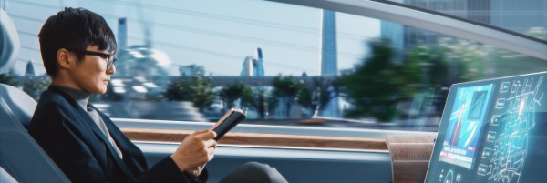 man sitting and reading in autonomous vehicle
