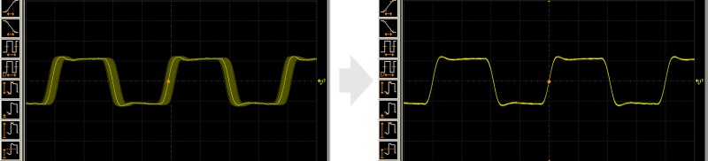screen showing blurred wave forms with jitter next to screen showing clean wave forms