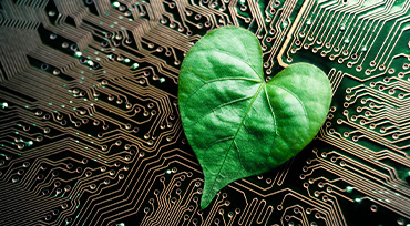 A green leaf with a heart shape on a circuit board 