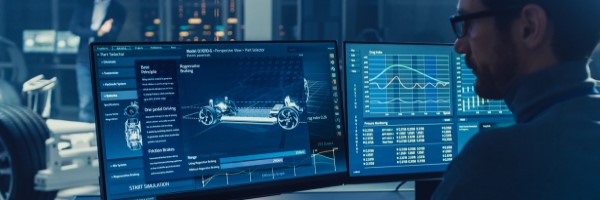 man in front of monitors with automotive design software