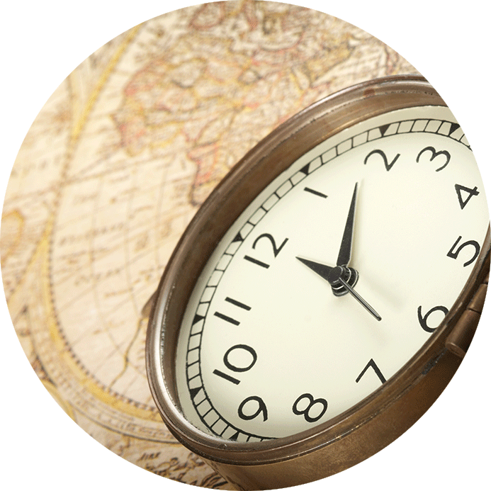 Timing is Everywhere Page. Image: Clock with the map on a background.