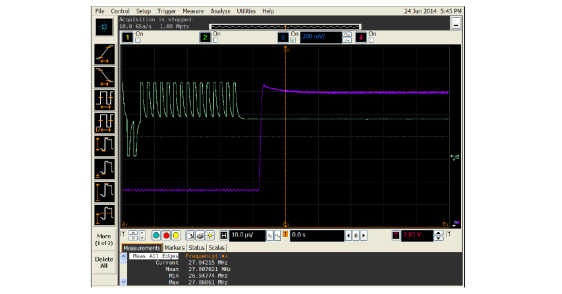 Figure 16. Scope snapshot of frequency update from -1600 ppm to +1600 ppm in Mode 1.