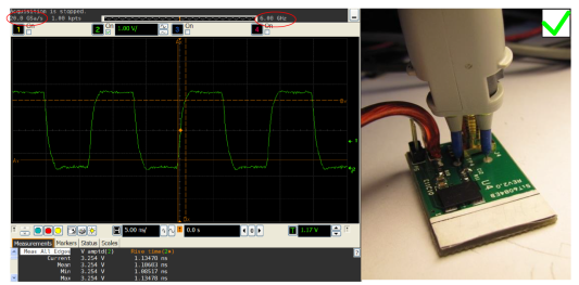 Figure 3.10: Probing example. Signal source: 75-MHz SiT8208 MEMS oscillator on SiTime evaluation board. Oscilloscope: Agilent DSA90604A (6 GHz). Active probe: Agilent 1134A (7 GHz) with E2675A differential browser probe head.