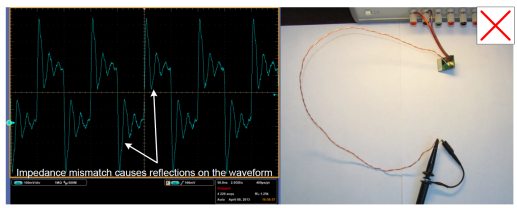 Figure 3.5: Probing 10 MHz signal under test with 22-inch twisted pair and Tektronix P2220 passive probe in 10 MΩ mode connected to 1 MΩ Tektronix DPO7104 oscilloscope input.
