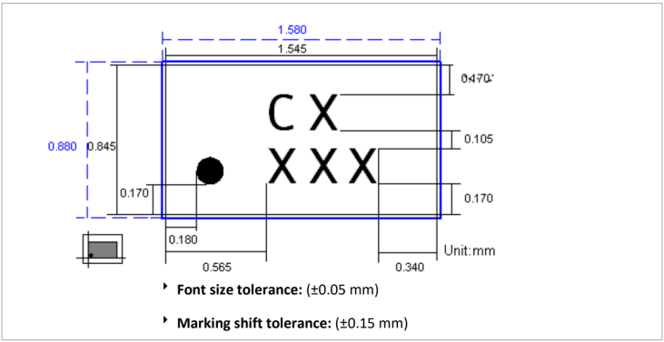 Figure 4: Standard Marking Dimensions for WLCSP Package (1.5 mm x 0.8 mm)