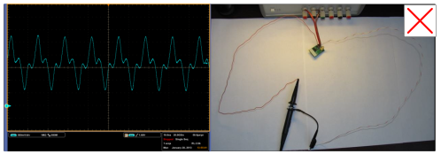 Figure 4.2: Probing using long wires and a Tektronix P2220 10-MΩ passive probe. Screen capture made with Tektronix DPO7104 oscilloscope.