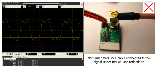 Figure 4.3: Waveform captured on evaluation board with an active probe while a non- terminated coaxial cable is connected to the oscillator output. Oscilloscope: Agilent DSA90604A (6 GHz); active probe: Agilent 1134A (7 GHz) with E2675A differential browser probe head.