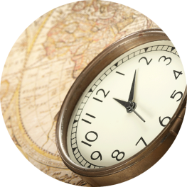 Timing is Everywhere Page. Image: Clock with the map on a background.