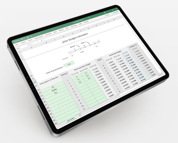 Image: Jitter Budget Calculator spreadsheet opened on a tablet