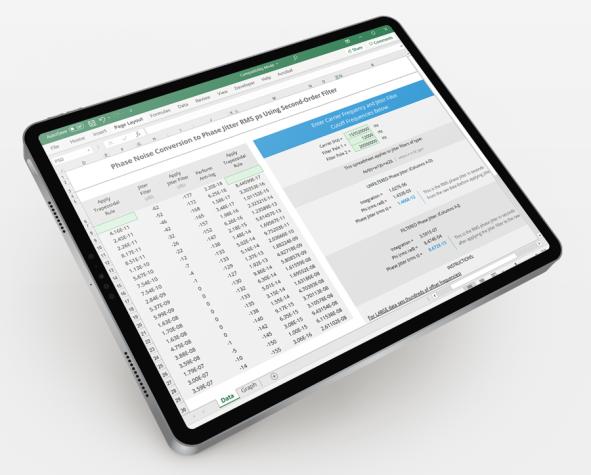 Image: Jitter Budget Calculator spreadsheet opened on a tablet