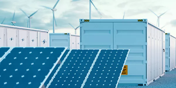 Battery storage power station accompanied by solar and wind turbine power plants