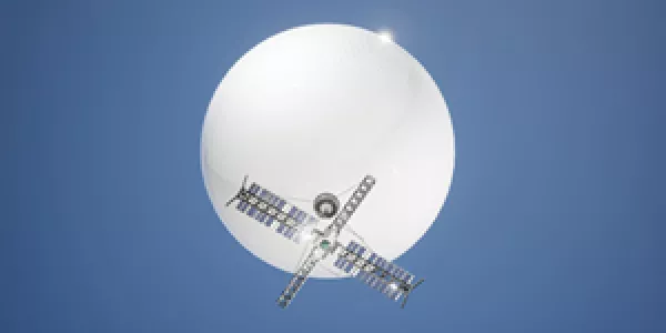 Spy balloon with solar panels, military equipment with camera on sky with clouds