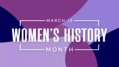 march is womens history month text with blue and purple background