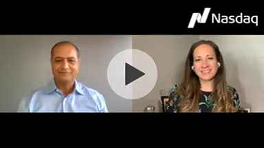 Nasdaq trade talks video screen capture with host Jill Malandrino interviewing Rajesh Vashist, SiTime CEO