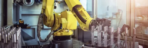 Robotic Arm production lines modern industrial technology. Automated production cell.