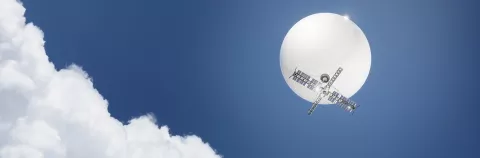 Spy balloon with solar panels, military equipment with camera on sky with clouds