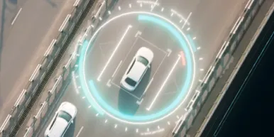 Aerial View of Autonomous Self Driving Car Moving Through Highway