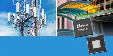 On a left: Cellular communications tower on a blue sky. On a right: Switching equipment works in the server room. Fiber-optic cables are included in the ports of the main router. The main wires are connected to the modular interfaces in the datacenter. In foreground: SiTime 64-pin MEMS Clock