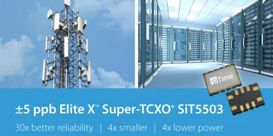 SiT5503 package; Telecommunication tower of 5G cellular; Data center with rows of network servers